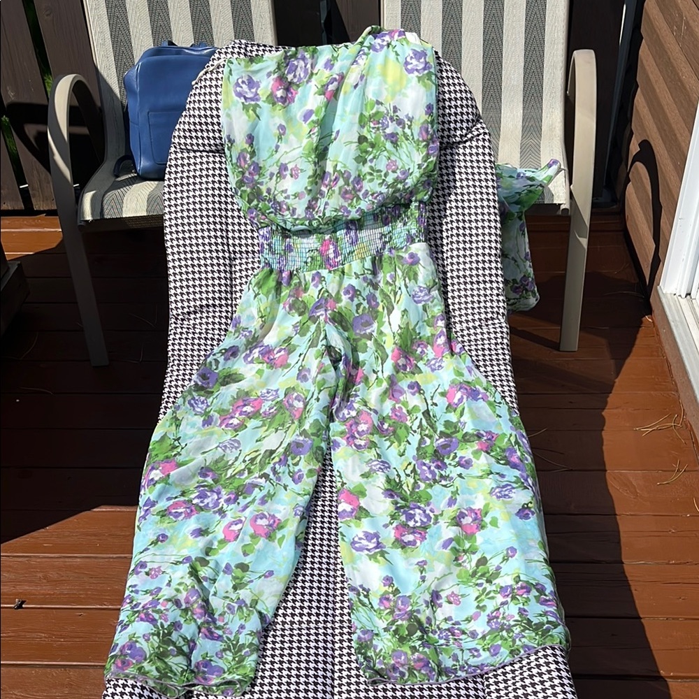Floral wide leg Jumpsuit with Purple and Green Accents